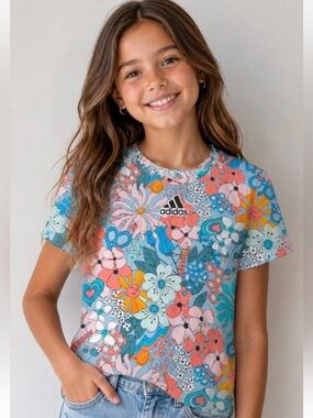 Peace, Love, and Adidas Floral Cotton Shirt Girl's Sz XL Preppy Hippie XOXO Cute